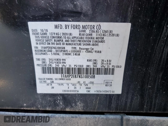 2019 Ford Taurus SEL with VIN 1FAHP2E87KG100508, listed as a Copart auction lot 78101304 with 128,062 mi miles and Salvage Title. Bid and sale history available at DreamBid. Image 13.