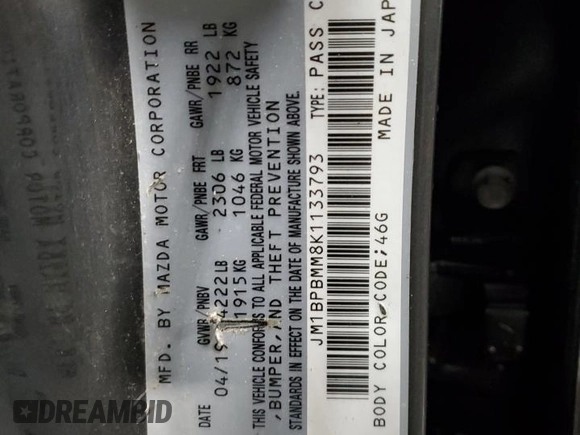 2019 Mazda Mazda3 Hatchback w/Preferred Pkg with VIN JM1BPBMM8K1133793, listed as a Copart auction lot 81000334 with 70,003 mi miles and Salvage Title. Bid and sale history available at carsss.com. Image 13.
