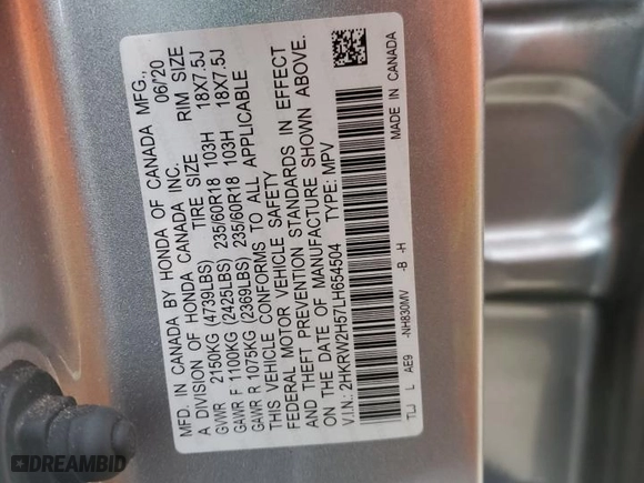 2020 Honda CR-V EX with VIN 2HKRW2H57LH654504, listed as a Copart auction lot 86713504 with 59,739 mi miles and Salvage Title. Bid and sale history available at carsss.com. Image 13.