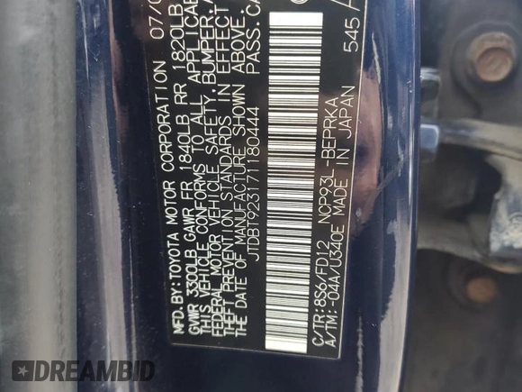 2007 Toyota Yaris with VIN JTDBT923171180444, listed as a Copart auction lot 52690685 with 140,580 mi miles and Salvage Title. Bid and sale history available at carsss.com. Image 12.