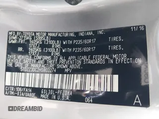 2017 Toyota Sienna L with VIN 5TDZZ3DC2HS803274, listed as a IAAI auction lot 41678577 with 44,427 mi miles and . Bid and sale history available at DreamBid. Image 9.