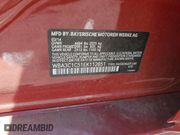 2014 BMW 3 Series 328i z VIN WBA3C1C51EK112851, wystawiony jako Copart lot #51550345 z przebiegiem Nie podano mil oraz Szkoda całkowita • Salvage title. Historia ofert i sprzedaży dostępna na DreamBid. Obrazek 12.