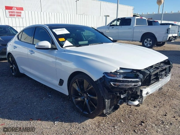 2023 Genesis G70 2.0T with VIN KMTG34TA1PU130245, listed as a IAAI auction lot 41198085 with 21,483 mi miles. Bid and sale history available at carsss.com. Image 1.