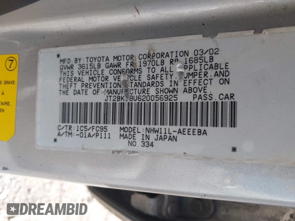 2002 Toyota Prius with VIN JT2BK18U620056925, listed as a IAAI auction lot 42169272 with 236,458 mi miles and . Bid and sale history available at DreamBid. Image 9.