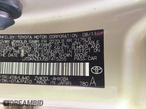 2011 Toyota Prius I with VIN JTDKN3DU5B1415255, listed as a IAAI auction lot 42277738 with Not Provided miles and . Bid and sale history available at DreamBid. Image 9.