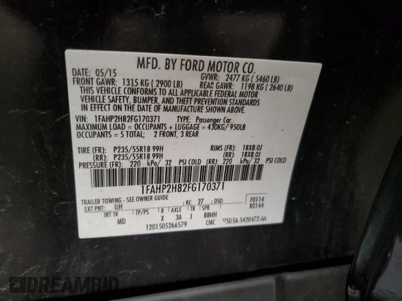 2015 Ford Taurus SEL с VIN 1FAHP2H82FG170371, выставлен на аукционе Copart как лот 60748625 с пробегом 187 305 миль миль и На запчасти • Non repairable. История ставок и продаж доступна на DreamBid. Изображение 12.