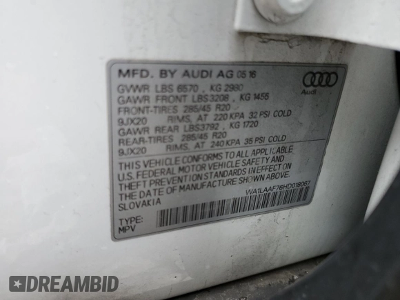2017 Audi Q7 Premium Plus with VIN WA1LAAF76HD018067, listed as a Copart auction lot 47616985 with 138,717 mi miles and Salvage title. Bid and sale history available at DreamBid. Image 14.