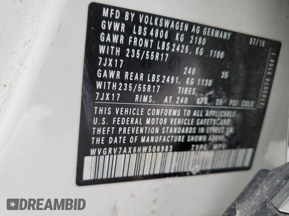 2017 Volkswagen Tiguan Wolfsburg Edition z VIN WVGRV7AX6HW506983, wystawiony jako Copart lot #88631575 z przebiegiem Nie podano mil oraz Szkoda całkowita • Salvage title. Historia ofert i sprzedaży dostępna na DreamBid. Obrazek 13.