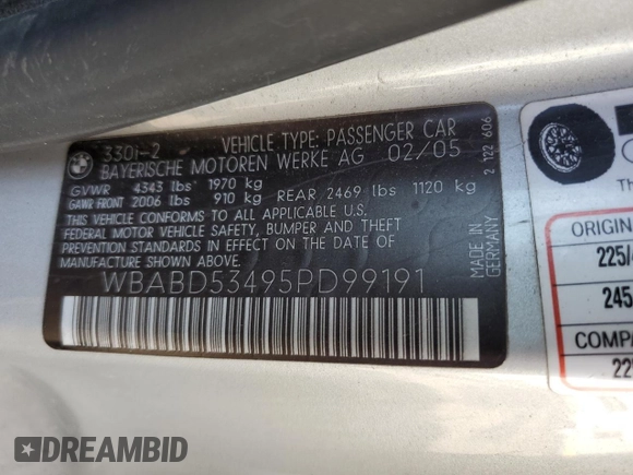 2005 BMW 3 Series 330Ci z VIN WBABD53495PD99191, wystawiony jako Copart lot #55237745 z przebiegiem 142 215 mil mil oraz Szkoda całkowita • Salvage title. Historia ofert i sprzedaży dostępna na DreamBid. Obrazek 12.