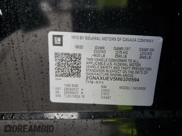 2021 Chevrolet Equinox LT with VIN 2GNAXUEV5M6100594, listed as a Copart auction lot 49655725 with 31,583 mi miles and Salvage Title. Bid and sale history available at DreamBid. Image 13.