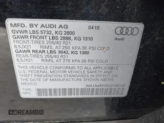 2018 Audi SQ5 Premium Plus z VIN WA1A4AFYXJ2169180, wystawiony jako IAAI lot #42471340 z przebiegiem 57 235 mil mil oraz . Historia ofert i sprzedaży dostępna na DreamBid. Obrazek 9.