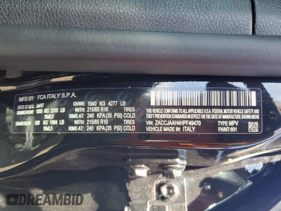 2017 Jeep Renegade Sport with VIN ZACCJAAH4HPF49470, listed as a Copart auction lot 53633315 with 107,962 mi miles and Clean title. Bid and sale history available at DreamBid. Image 12.