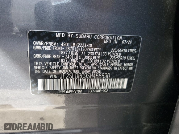 2025 Subaru Forester Limited with VIN JF2SLDRC9SH458890, listed as a Copart auction lot 54612965 with 1,349 mi miles and Salvage title. Bid and sale history available at DreamBid. Image 14.