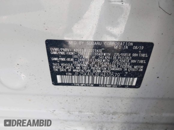2020 Subaru Forester Limited with VIN JF2SKAUC8LH410579, listed as a IAAI auction lot 41644482 with 68,153 mi miles. Bid and sale history available at carsss.com. Image 9.