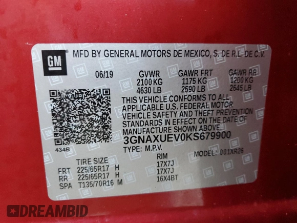 2019 Chevrolet Equinox LT with VIN 3GNAXUEV0KS679900, listed as a Copart auction lot 50318995 with 48,986 mi miles and Salvage Title. Bid and sale history available at carsss.com. Image 12.