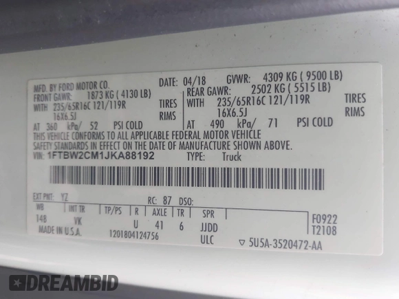 2018 Ford Transit with VIN 1FTBW2CM1JKA88192, listed as a IAAI auction lot 41552607 with 89,465 mi miles and . Bid and sale history available at DreamBid. Image 9.