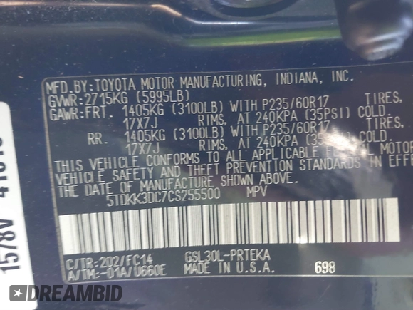 2012 Toyota Sienna LE AAS with VIN 5TDKK3DC7CS255500, listed as a IAAI auction lot 41467563 with 146,306 mi miles. Bid and sale history available at carsss.com. Image 9.