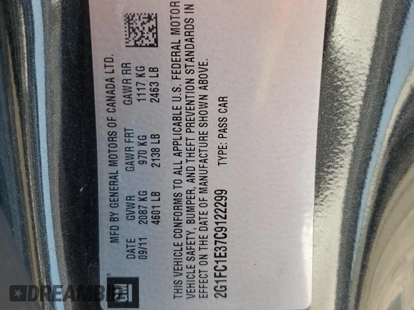2012 Chevrolet Camaro 2LT with VIN 2G1FC1E37C9122299, listed as a Copart auction lot 58574735 with 137,374 mi miles and Salvage title. Bid and sale history available at DreamBid. Image 12.