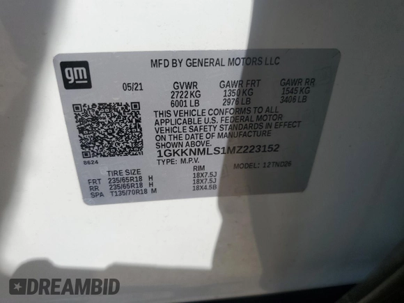 2021 GMC Acadia SLT with VIN 1GKKNMLS1MZ223152, listed as a Copart auction lot 52554665 with 61,924 mi miles and Salvage title. Bid and sale history available at DreamBid. Image 16.