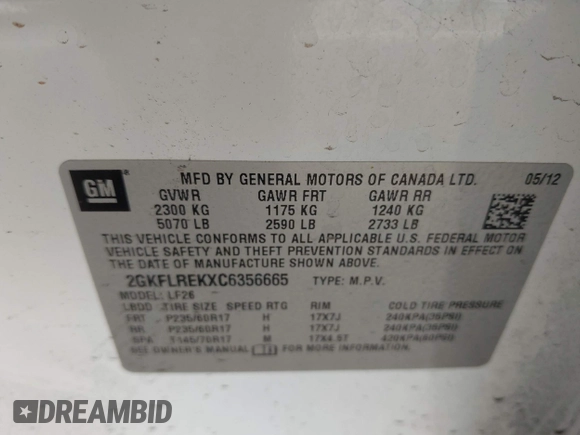 2012 GMC Terrain SLE-1 with VIN 2GKFLREKXC6356665, listed as a IAAI auction lot 42217786 with 180,147 mi miles and . Bid and sale history available at DreamBid. Image 9.