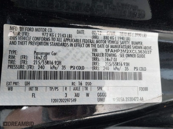 2012 Ford Focus SEL with VIN 1FAHP3M2XCL363037, listed as a IAAI auction lot 41816361 with 101,693 mi miles. Bid and sale history available at carsss.com. Image 9.