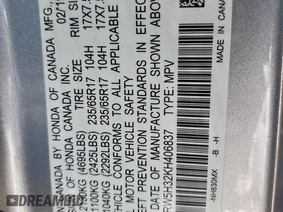 2019 Honda CR-V LX z VIN 2HKRW5H32KH406837, wystawiony jako Copart lot #57111585 z przebiegiem 123 047 mil mil oraz Szkoda całkowita • Salvage title. Historia ofert i sprzedaży dostępna na DreamBid. Obrazek 14.