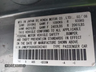 2008 Honda Accord EX-L z VIN JHMCP26868C062481, wystawiony jako IAAI lot #42413709 z przebiegiem 206 187 mil mil oraz . Historia ofert i sprzedaży dostępna na DreamBid. Obrazek 9.