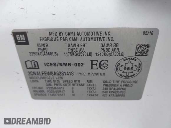 2010 Chevrolet Equinox LTZ with VIN 2CNALFEW8A6381418, listed as a IAAI auction lot 40221943 with 138,276 mi miles. Bid and sale history available at carsss.com. Image 9.