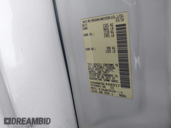 2016 Nissan Maxima SL with VIN 1N4AA6AP3GC448957, listed as a IAAI auction lot 41734717 with 128,687 mi miles and . Bid and sale history available at DreamBid. Image 9.
