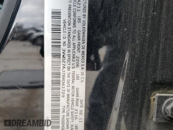 2011 Volkswagen Jetta SE with VIN 3VWDZ7AJ7BM361729, listed as a Copart auction lot 51171215 with 198,364 mi miles and Clean title. Bid and sale history available at DreamBid. Image 12.