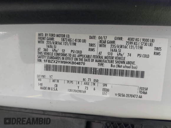 2017 Ford Transit XL with VIN 1FBZX2YM9HKB04870, listed as a IAAI auction lot 41508487 with 105,714 mi miles and . Bid and sale history available at DreamBid. Image 9.