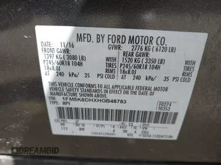 2017 Ford Explorer XLT z VIN 1FM5K8DHXHGB48783, wystawiony jako IAAI lot #41771686 z przebiegiem 104 809 mil mil oraz . Historia ofert i sprzedaży dostępna na DreamBid. Obrazek 9.