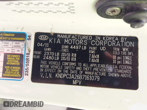 2011 Kia Sportage EX with VIN KNDPC3A26B7161079, listed as a IAAI auction lot 41954957 with Not Provided miles. Bid and sale history available at carsss.com. Image 9.