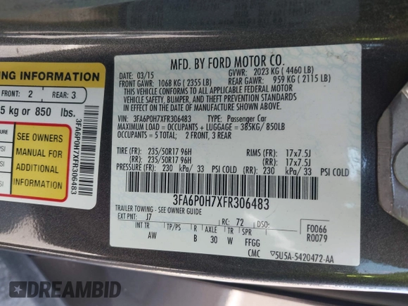 2015 Ford Fusion SE with VIN 3FA6P0H7XFR306483, listed as a IAAI auction lot 42033062 with 159,922 mi miles and . Bid and sale history available at DreamBid. Image 9.