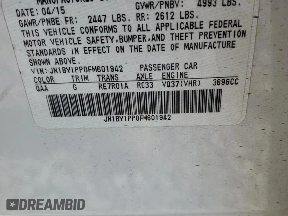 2015 Infiniti Q70 z VIN JN1BY1PP0FM601942, wystawiony jako Copart lot #68659924 z przebiegiem Nie podano mil oraz Szkoda całkowita • Salvage title. Historia ofert i sprzedaży dostępna na DreamBid. Obrazek 12.