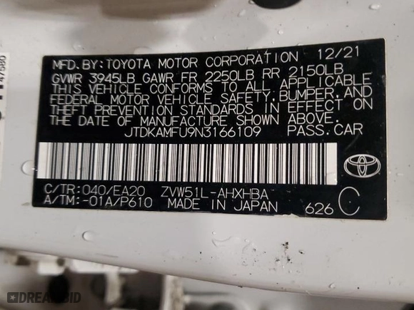 2022 Toyota Prius L Eco with VIN JTDKAMFU9N3166109, listed as a Copart auction lot 47897125 with 82,348 mi miles and Salvage Title. Bid and sale history available at carsss.com. Image 14.