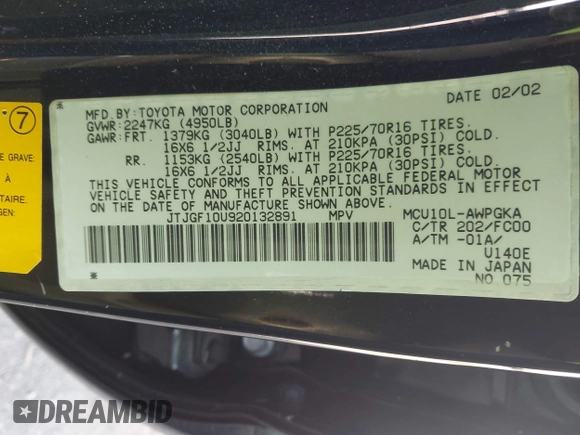 2002 Lexus RX 300 with VIN JTJGF10U920132891, listed as a IAAI auction lot 42787696 with 154,126 mi miles and . Bid and sale history available at DreamBid. Image 9.