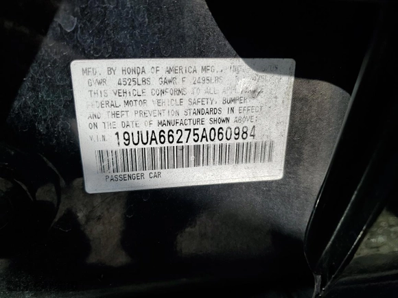 2005 Acura TL with VIN 19UUA66275A060984, listed as a Copart auction lot 53052115 with 223,335 mi miles and Salvage Title. Bid and sale history available at carsss.com. Image 12.