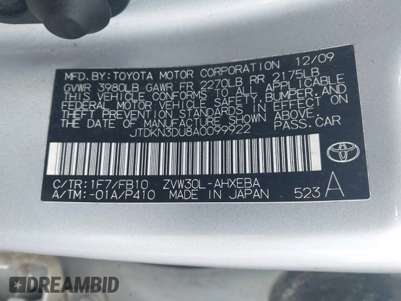 2010 Toyota Prius II with VIN JTDKN3DU8A0099922, listed as a IAAI auction lot 42186386 with 170,304 mi miles and . Bid and sale history available at DreamBid. Image 9.