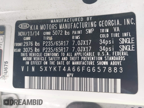 2015 Kia Sorento LX with VIN 5XYKT4A66FG657883, listed as a IAAI auction lot 42251180 with 216,932 mi miles and . Bid and sale history available at DreamBid. Image 9.