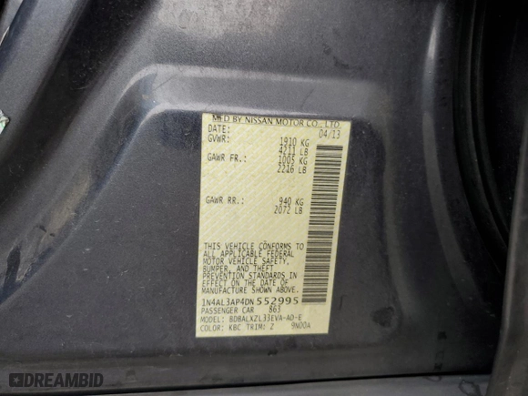 2013 Nissan Altima 2.5 S with VIN 1N4AL3AP4DN552995, listed as a Copart auction lot 51650195 with 170,627 mi miles and Salvage Title. Bid and sale history available at carsss.com. Image 12.