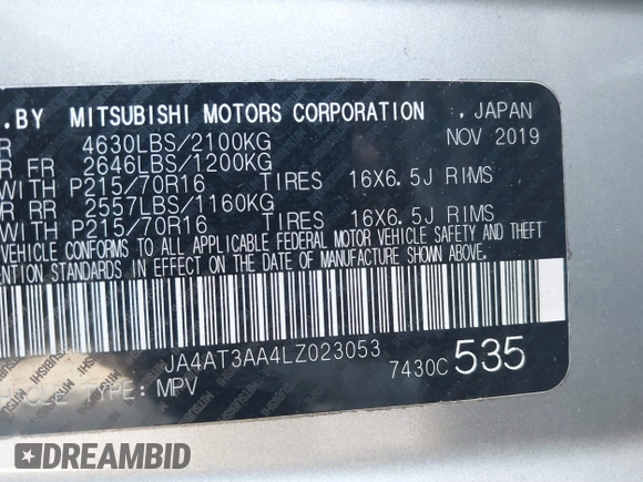 2020 Mitsubishi Eclipse Cross ES z VIN JA4AT3AA4LZ023053, wystawiony jako IAAI lot #41724940 z przebiegiem 93 485 mil mil oraz . Historia ofert i sprzedaży dostępna na DreamBid. Obrazek 9.