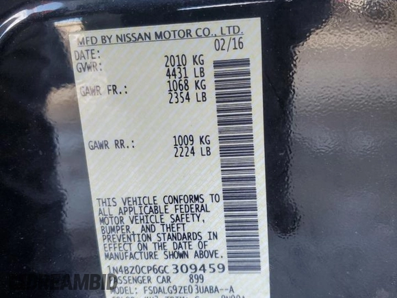 2016 Nissan LEAF SL with VIN 1N4BZ0CP6GC309459, listed as a Copart auction lot 88579325 with 58,342 mi miles and Clean Title. Bid and sale history available at carsss.com. Image 12.