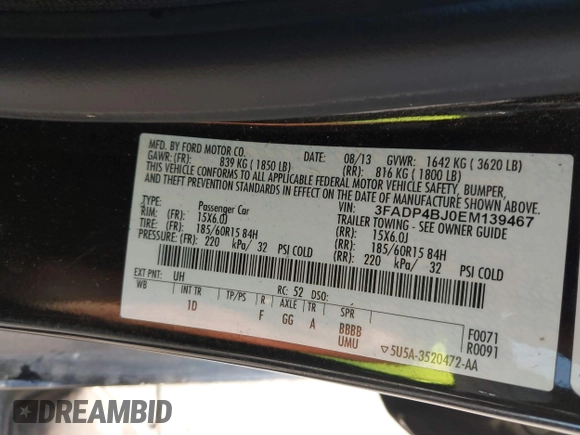 2014 Ford Fiesta SE with VIN 3FADP4BJ0EM139467, listed as a IAAI auction lot 41817437 with 45,570 mi miles and . Bid and sale history available at DreamBid. Image 9.