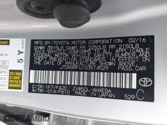 2016 Toyota Prius Two with VIN JTDKBRFU1G3514529, listed as a IAAI auction lot 42098094 with 183,687 mi miles and . Bid and sale history available at DreamBid. Image 9.