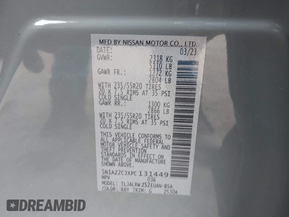 2023 Nissan Murano SL with VIN 5N1AZ2CJXPC131449, listed as a IAAI auction lot 41177130 with 19,474 mi miles and . Bid and sale history available at DreamBid. Image 9.