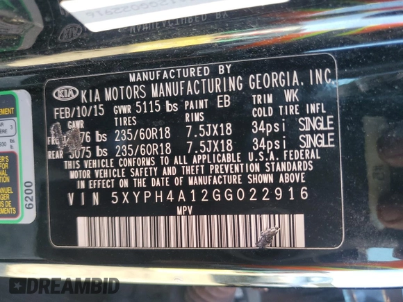 2016 Kia Sorento EX with VIN 5XYPH4A12GG022916, listed as a Copart auction lot 74190654 with 123,240 mi miles and Non Repairable. Bid and sale history available at DreamBid. Image 13.