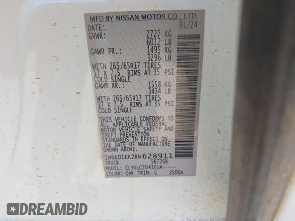 2024 Nissan Frontier Pro-4X with VIN 1N6ED1EK2RN628911, listed as a IAAI auction lot 41637814 with 26,830 mi miles and . Bid and sale history available at DreamBid. Image 9.