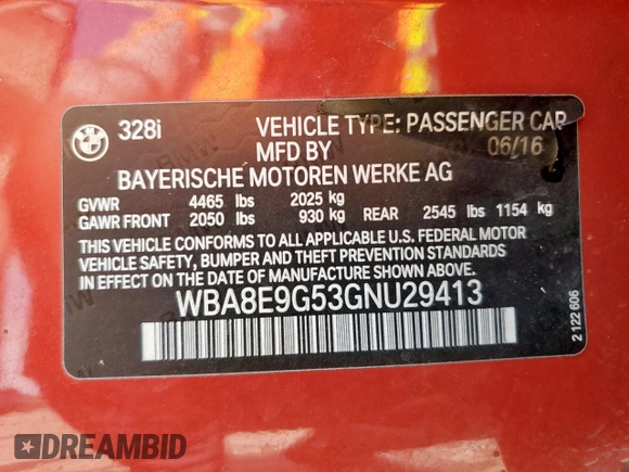 2016 BMW 3 Series 328i с VIN WBA8E9G53GNU29413, выставлен на аукционе Copart как лот 57690645 с пробегом 58 085 миль миль и Списание • Salvage title. История ставок и продаж доступна на DreamBid. Изображение 12.