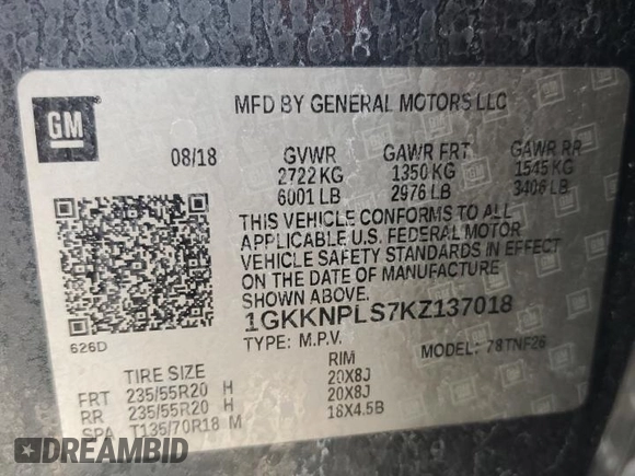 2019 GMC Acadia Denali with VIN 1GKKNPLS7KZ137018, listed as a Copart auction lot 53840175 with Not Provided miles and Non Repairable. Bid and sale history available at carsss.com. Image 13.